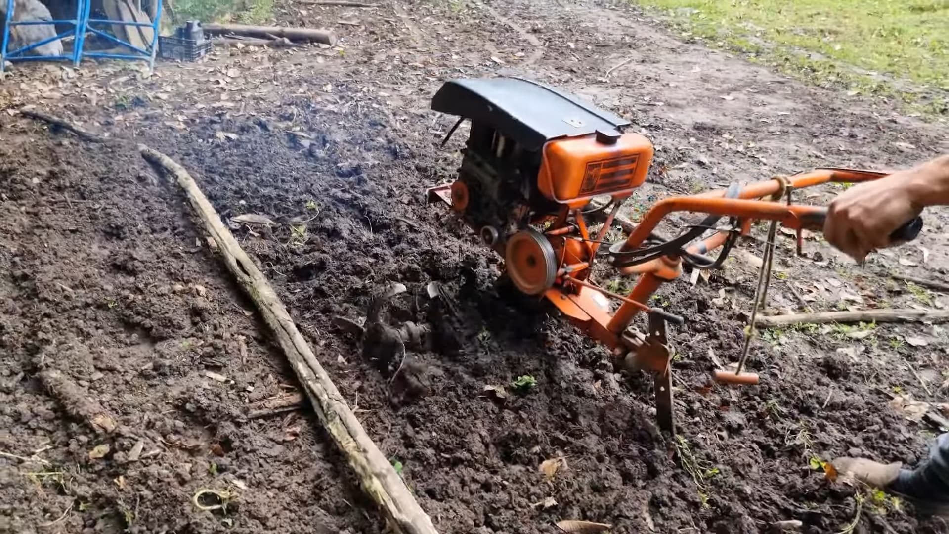 Probando una mula mecánica antigua en el huerto